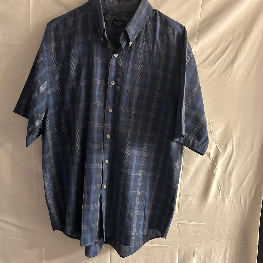 New Large Van Heusen Men's Blue Plaid Button Down Shirt Pocket #1743*12